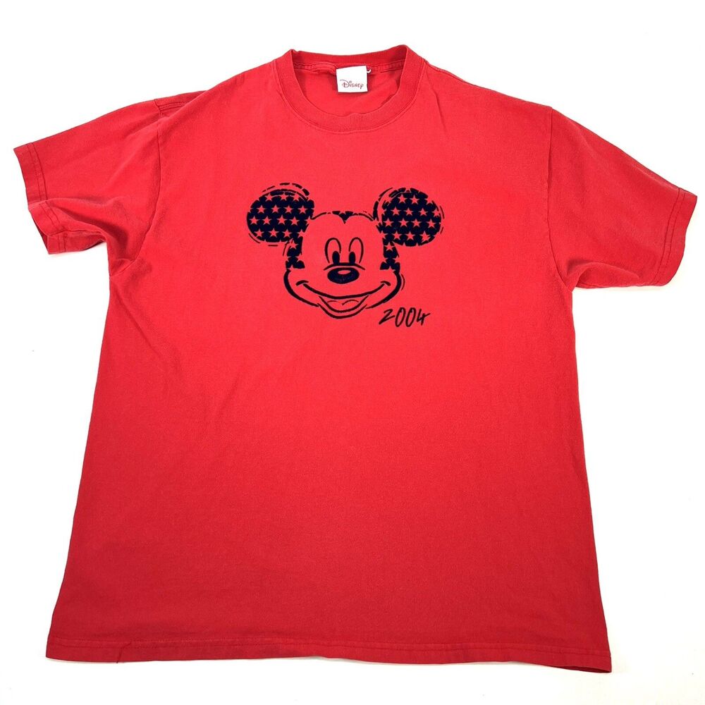 Disney Store Vtg 2004 Red/Blue Felt Mickey Mouse Short Sleeve T Shirt Size Large